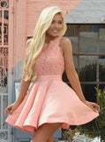 A-Line Crew Sleeveless Short Stretch Satin Homecoming Dress with Lace