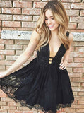 A-Line Deep V-Neck Black Lace Sequined Homecoming Dress