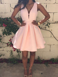 A-Line Deep V-Neck Pink Above knee Satin Homecoming Dress