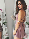 Sexy A-Line Deep V-Neck Short Blush Pleated Chiffon Homecoming Dress