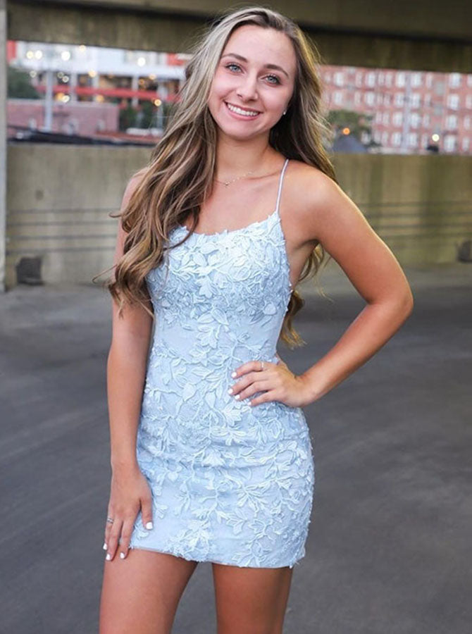 spaghetti straps light blue tight short homecoming dress with appliques Baby Blue Spaghetti Strap V-neck Lace Sequin A-line Short Homecoming D   AlineBridal