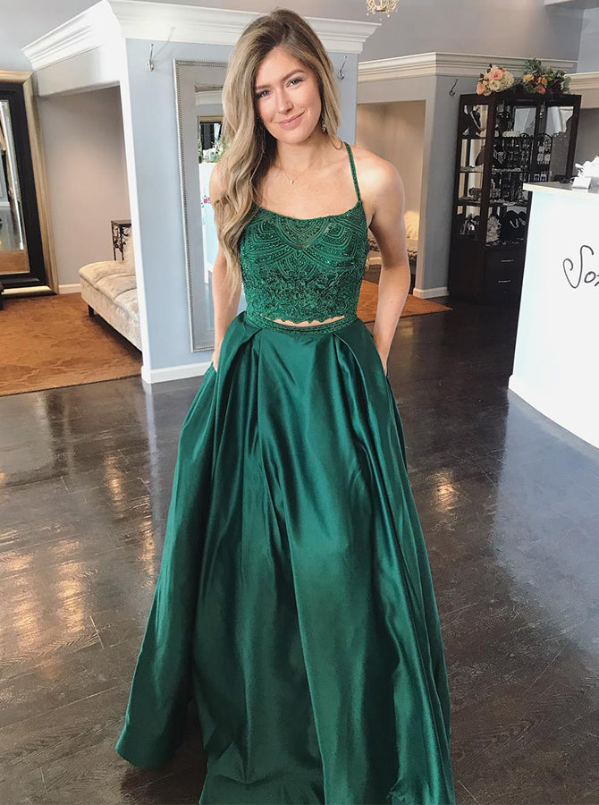 green emerald velvet dress Two Piece Dark Green Spaghetti Straps Lace Beading Long Prom Dress –  Agustaprom