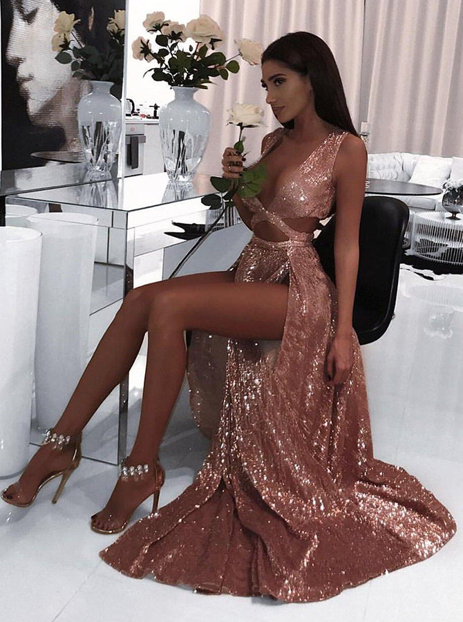 rose gold sexy dress A-Line Sequin Long Prom with Split – Agustaprom nox anabel bodice sparkly long evening High Low Scoop Neck Size:L (US 8 / UK 12)