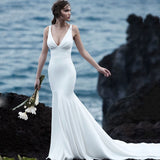 Sexy Mermaid Satin V-Neck Beach Bridal Gown
