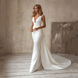 V-Neck Mermaid Satin Bridal Gown Detachable Train