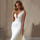 V-Neck Mermaid Satin Bridal Gown Detachable Train