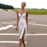 Short Sweetheart Spaghetti Straps Split Mermaid Satin Bridal Gown
