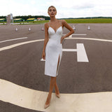 Short Sweetheart Spaghetti Straps Split Mermaid Satin Bridal Gown