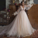 Puff Sleeves Backless Ball Gown Wedding