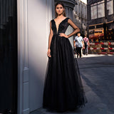 V-Neck Long Sleeves Lace Appliques Satin Evening Dress