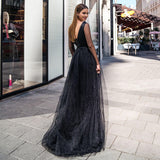 V-Neck Long Sleeves Lace Appliques Satin Evening Dress
