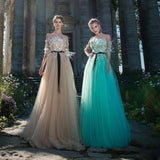 A-Line Long Sleeves Lace Appliques Feather Evening Dress