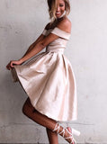 A-Line Off-the-Shoulder High Low Champagne Satin Homecoming Dress