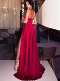 A-Line Spaghetti Straps Sweep Train Long Prom Dress with Split