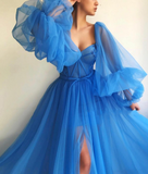 A-Line Sweetheart Long Puffy Sleeves Evening Dress High Slit Prom Dress