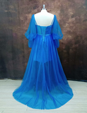 A-Line Sweetheart Long Puffy Sleeves Evening Dress High Slit Prom Dress