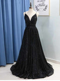 A-Line Spaghetti Straps Black Prom Dress with Sequin Pockets Split