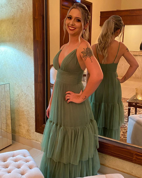 V-Neck Spaghetti Straps Chiffon Prom Dress Tiered Evening Dress