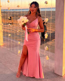 Elegant V-Neck Mermaid Long Homecoming Dress High Slit Prom Dress