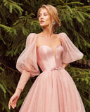 A-Line Sweetheart Puffy Sleeves Backless Evening Dress