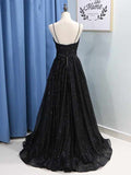 A-Line Spaghetti Straps Black Prom Dress with Sequin Pockets Split