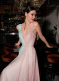 Elegant Contrast Color A-Line V-Neck Long Glitter Evening Dress