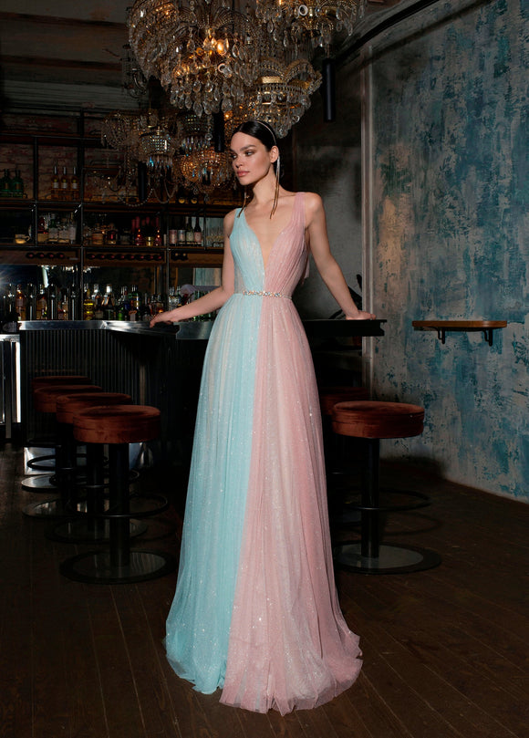 Elegant Contrast Color A-Line V-Neck Long Glitter Evening Dress