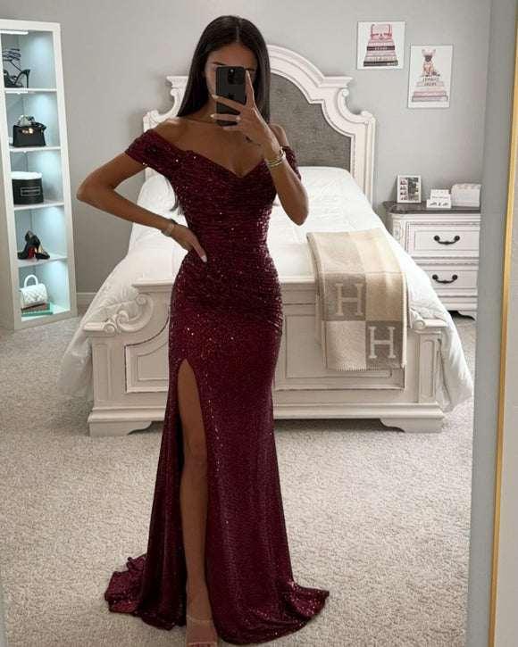 Sweetheart Sequined Long Evening Dress Off The Shoulder Mermaid Prom Dress