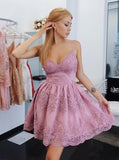 A-Line Spaghetti Straps Short Pink Homecoming Dress with Appliques