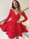 A-Line Sweetheart Long Sleeves Red Tiered Homecoming Dress