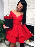 A-Line Sweetheart Long Sleeves Red Tiered Homecoming Dress