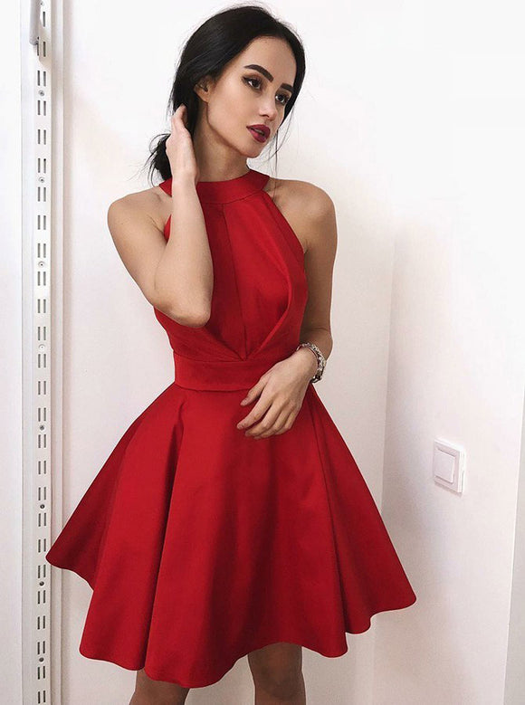 A-Line O-Neck Red Satin Homecoming Dress with Pleats