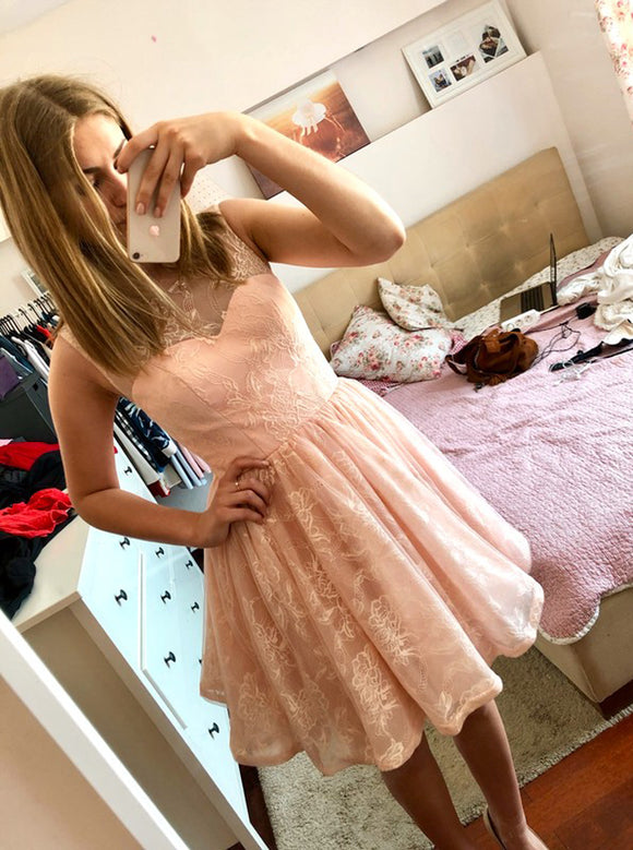 A-Line Scoop Neck Lace-up Short Pink Homecoming Dress