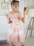 A-Line Scoop Neck Short Sleeves Pink Lace Homecoming Dress