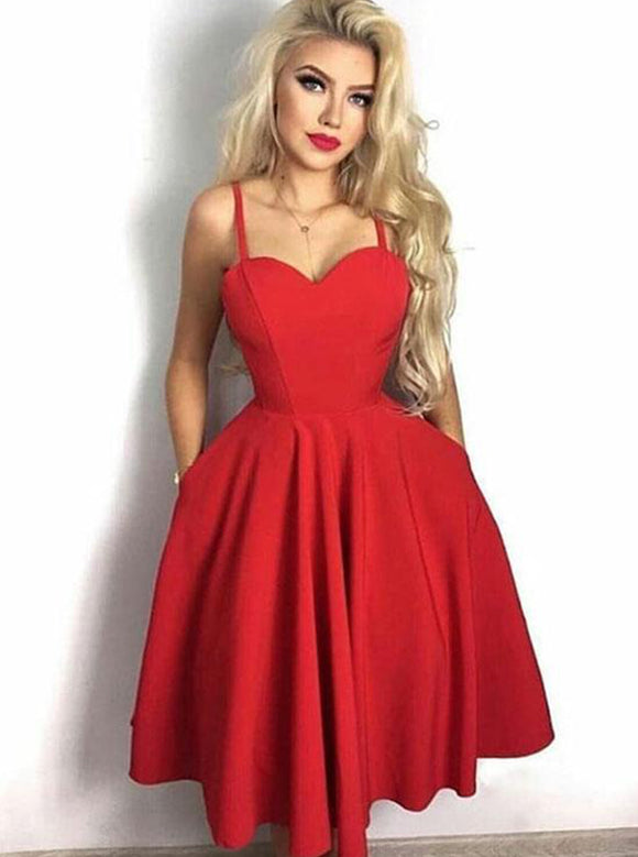 mid length red dress Spaghetti Straps Mid-Calf Red Homecoming Party Dress with Pockets – Agustaprom