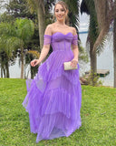 Sweetheart Off The Shoulder Tiered Tulle Prom Dress Long Evening Dress