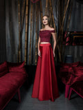 Two Piece A-Line Lace Appliques Off The Shoulder Satin Evening Dress