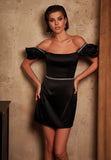 Black Short A-Line Satin Beading Evening Dress
