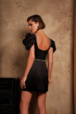Black Short A-Line Satin Beading Evening Dress