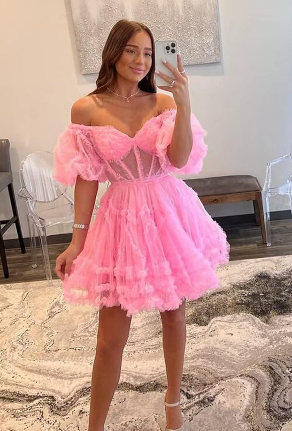 Sweetheart Mini Homecoming Dress Off The Shoulder Short Sleeves Prom Dress