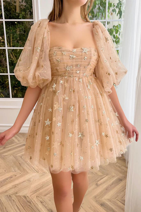 Sweetheart Tulle Mini Homecoming Dress Short Puffy Sleeves Prom Dress
