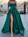 A-Line Off The Shoulder V-Neck Satin Long Prom Dress with Slit