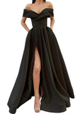 A-Line Off The Shoulder V-Neck Satin Long Prom Dress with Slit