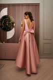 High-Low A-Line V-Neck Backless Satin Evening Dress with Bow