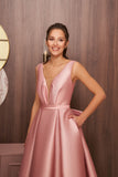 High-Low A-Line V-Neck Backless Satin Evening Dress with Bow