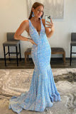 Deep V-Neck Sequined Long Evening Dress Backless Mermaid Prom Dress