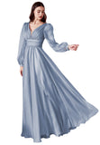 A-Line V-Neck Long Puffy Sleeves Evening Dress Backless Prom Dress