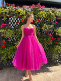 A-Line Tea Length Tulle Homecoming Dress Spaghetti Straps Sweetheart Prom Dress