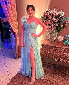 Sweetheart One-Shoulder A-Line Tulle Prom Dress Slit Evening Dress