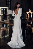 Simple A-Line Long Sleeves Satin Wedding Dress Backless Beading Bridal Gowns